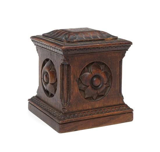 A Carved Oak Tobacco Box of square