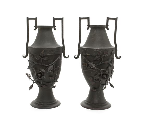 A Pair of Cast Metal Urns of handled 1561e6