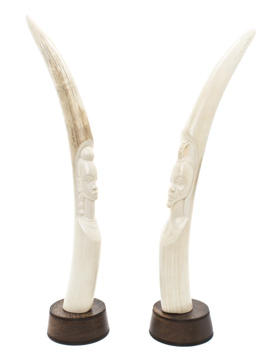 A Pair of Carved Ivory African Tusks