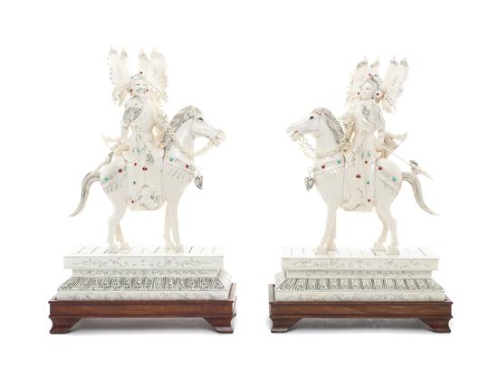 A Pair of Chinese Carved Ivory Horseback