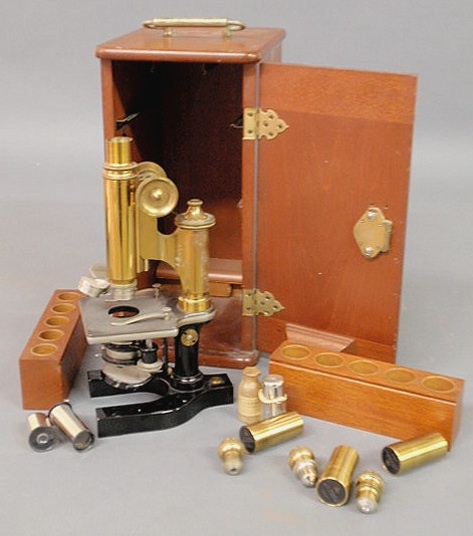 Mahogany cased microscope by Bausch
