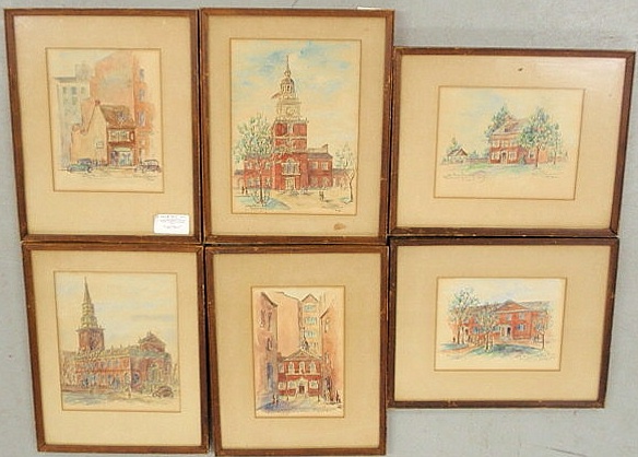 Set of six watercolor paintings