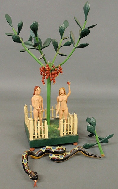 Adam and Eve folk art carving signed 156813