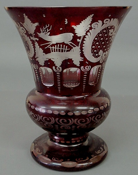 Red-cut-to-clear Bohemia glass vase