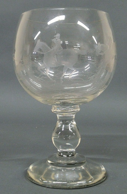 Large etched glass goblet with fox hunting