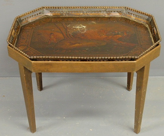 Octagonal Tole tray 19th c decorated 156903