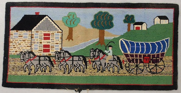 Colorful pictorial hooked rug of 15691c