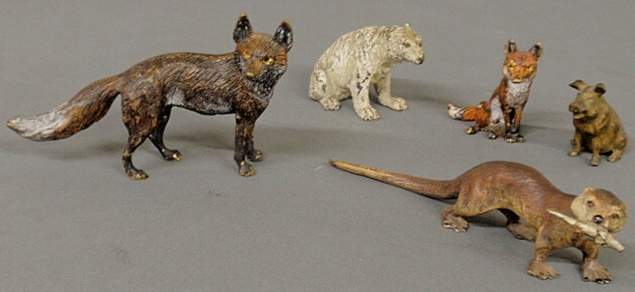 Five Vienna bronze cold painted animals