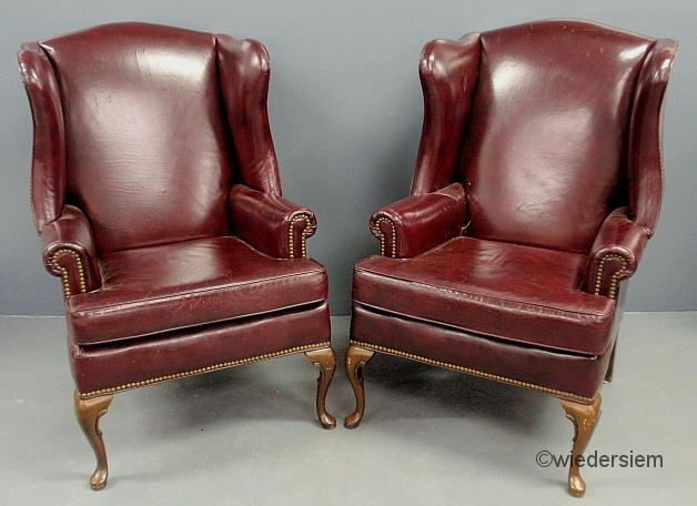 Pair of Queen Anne style red leather