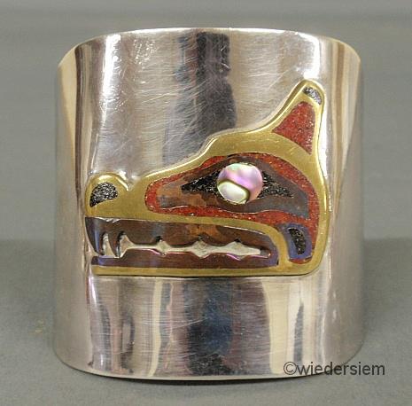 Silver cuff bracelet with applied brass