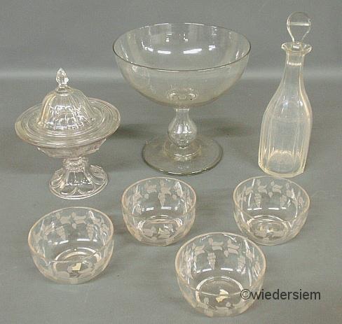 Seven pieces of glassware- fruit bowl