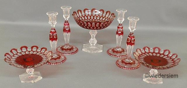 Group of red-cut-to-clear glass tableware