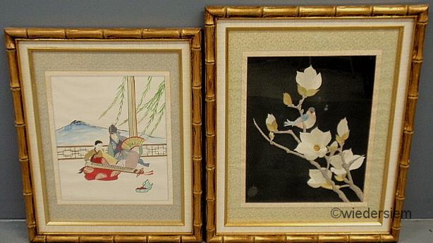 Two Asian silk works- a painted on silk
