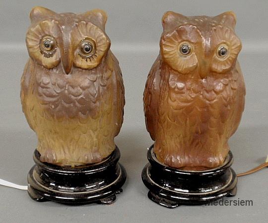 Pair of glass standing owl table lamps.
