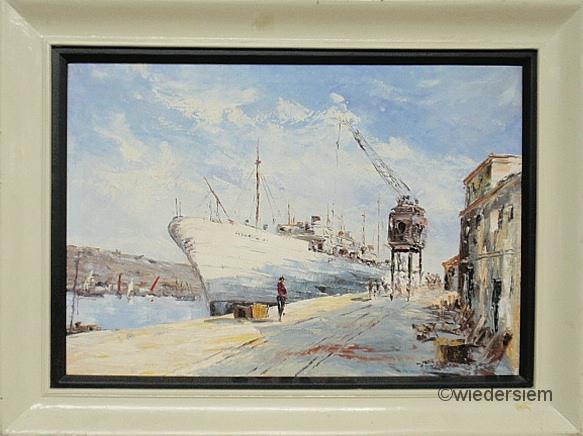 Oil on canvas painting of a harbor scene