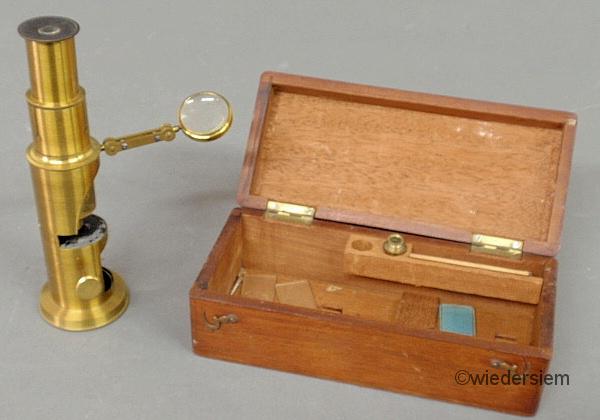 Small mahogany cased brass microscope 1597b2