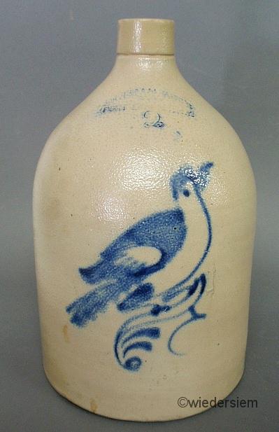 Two-gallon stoneware jug with blue