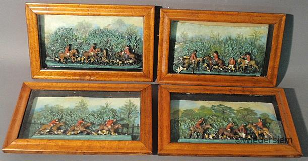 Set of four maple framed wax foxhunting