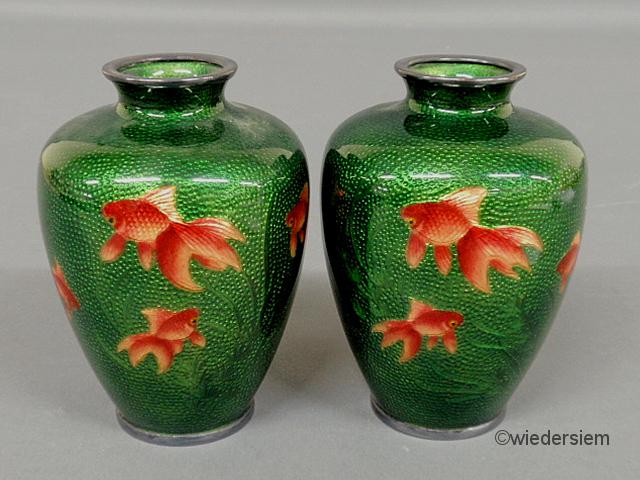 Pair of vibrant emerald green cloisonné