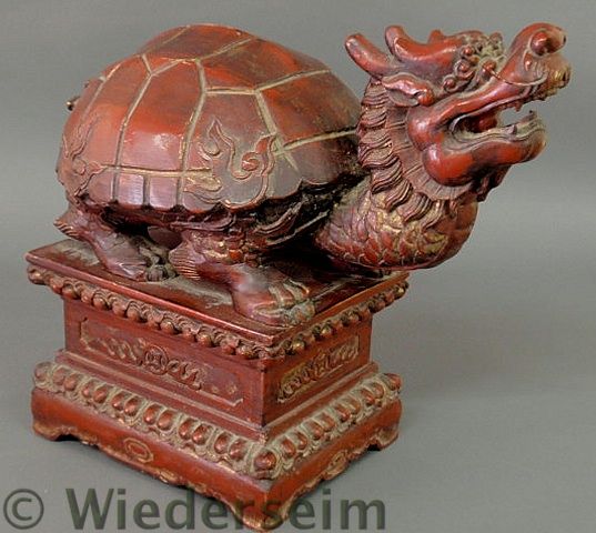 Asian carved wood turtle dragon 1599da