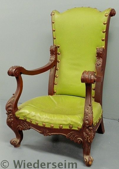 Massive carved oak open arm throne chair