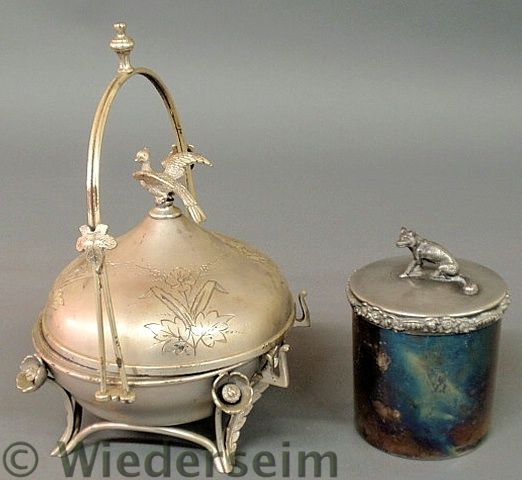 Silverplate canister with a fox