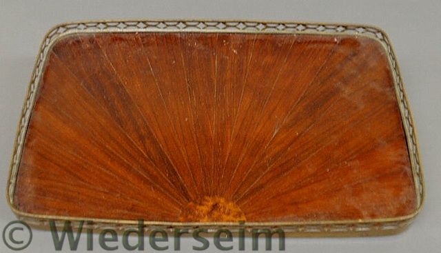 Mahogany veneered tray with brass gallery.