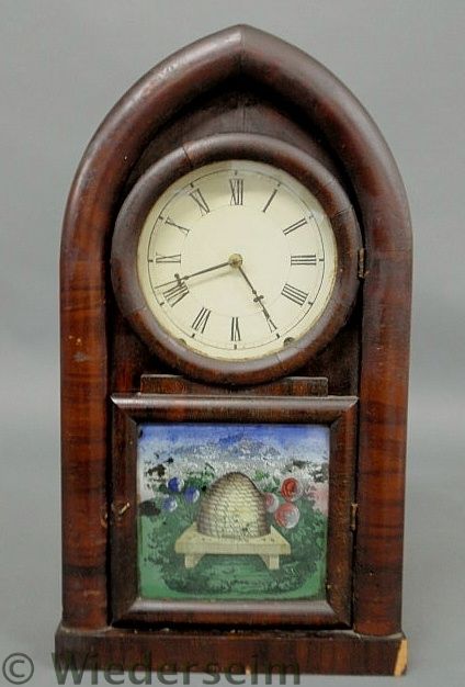 Mahogany mantel clock with reverse painted