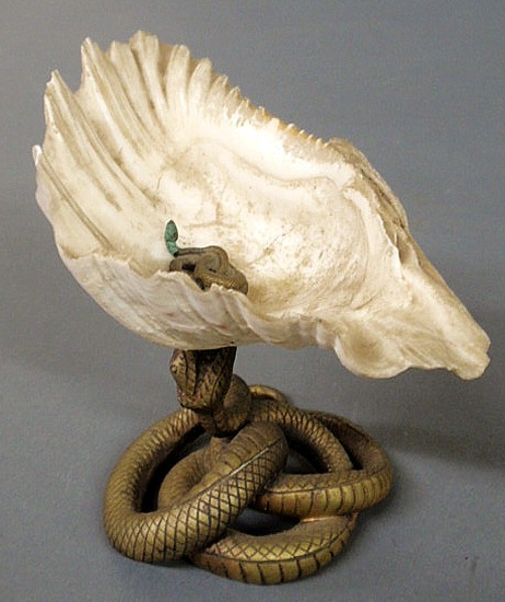 Unusual shell bowl with brass snake-form