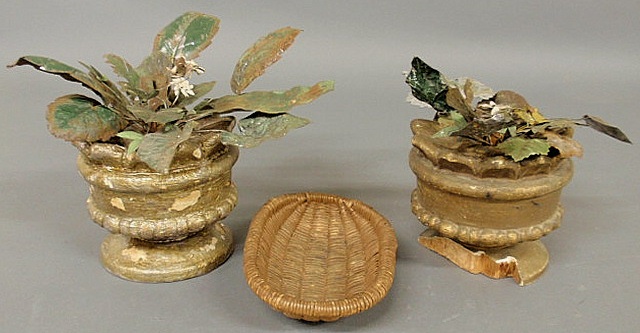 Pair of decorative carved wood potted