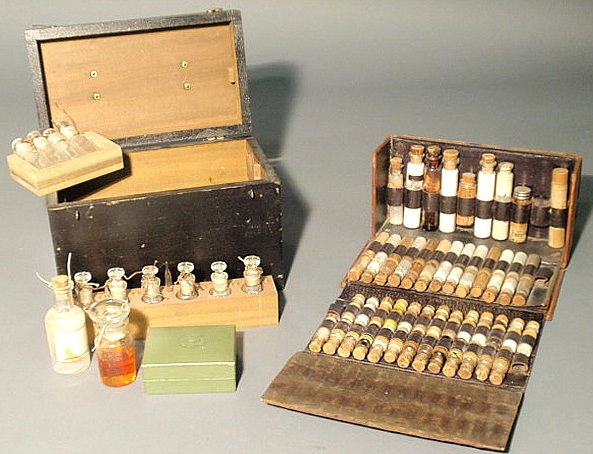 Black wood cased medical science kit