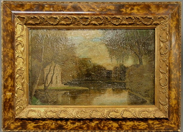 German oil on board painting of a lake