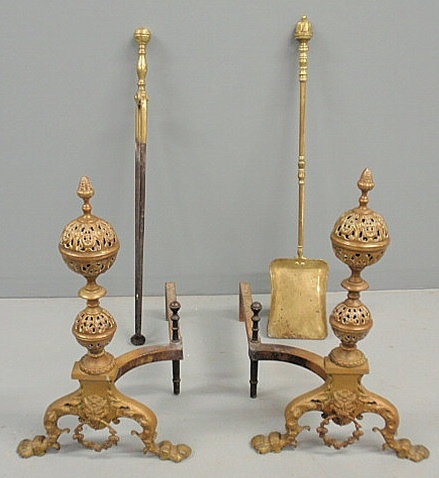 Pair of Victorian pierced brass andirons