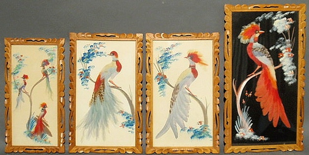 Four framed Mexican folk art feathered