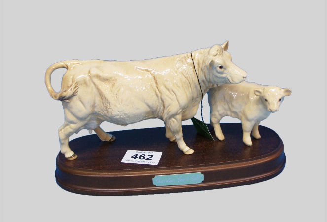 Beswick Cherolais Cow and Calf on Wooden