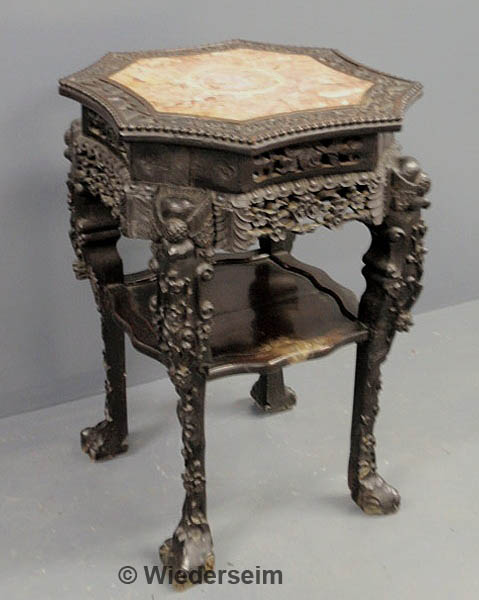 Carved ebonized Asian plant stand 15899a