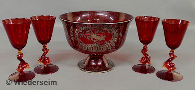 Red glass punchbowl with silver 1589ed