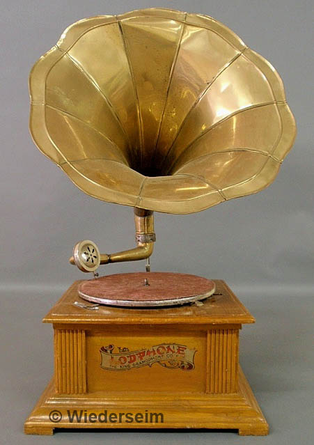 Mahogany cased phonograph with a brass