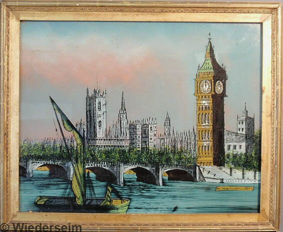 Reverse painting on glass of Westminster
