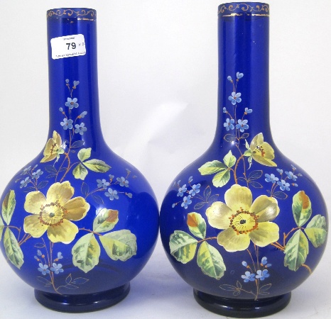 Pair Bristol Blue Glass vases handpainted