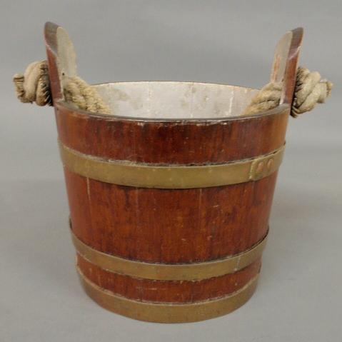 Early oak bucket 19th c with brass 158d8c