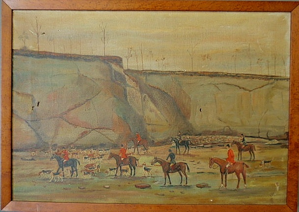 Oil on canvas painting of a foxhunt