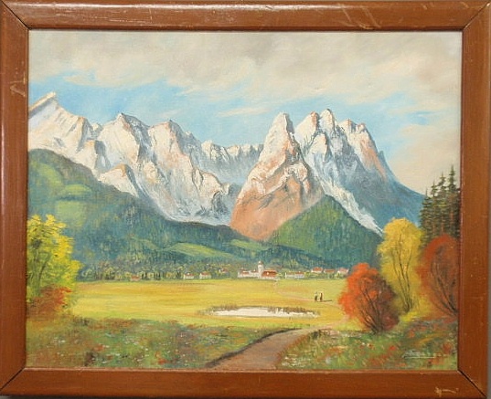 Oil on canvas of snow capped mountains