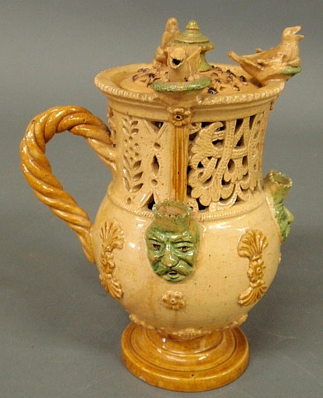 Glazed ceramic puzzle jug with lid 19th
