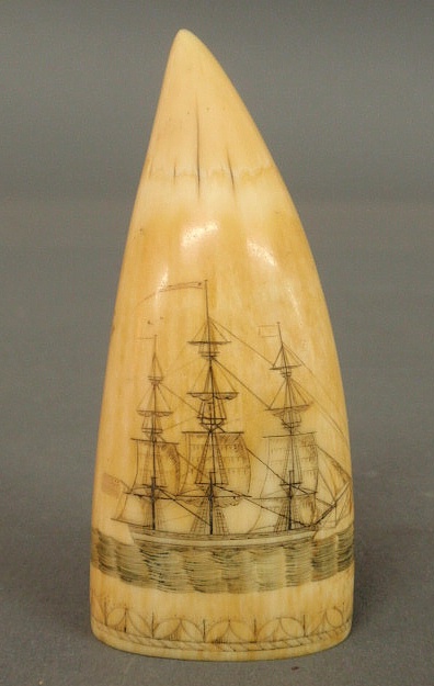Ivory whales tooth scrimshaw mid-19th