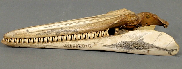 Scrimshaw porpoise jaw with carved 158eb6