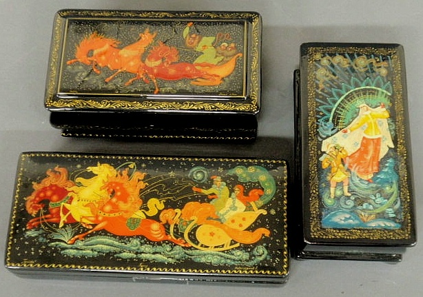 Three rectangular Russian lacquerware