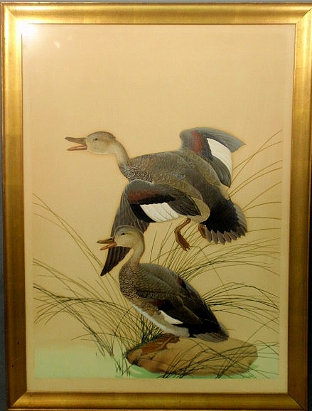 Large watercolor painting of two ducks
