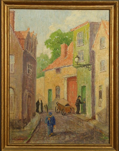 Oil on panel painting of a Bruges Belgium