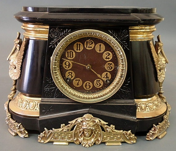Ansonia black metal mantel clock with